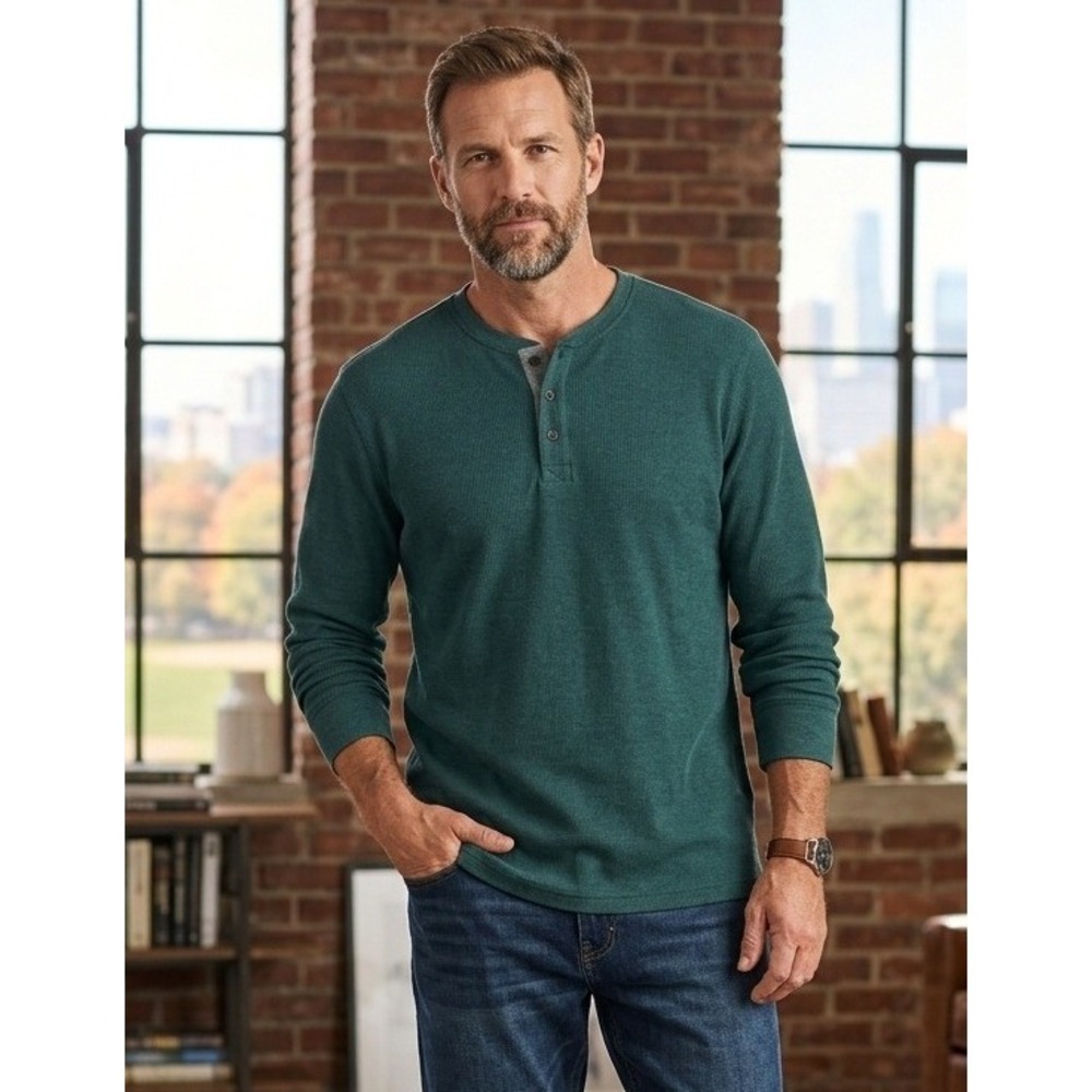 George Henley Waffle Knit Long Sleeve Thermal Shirt Men 2XL Green Travel Stretch